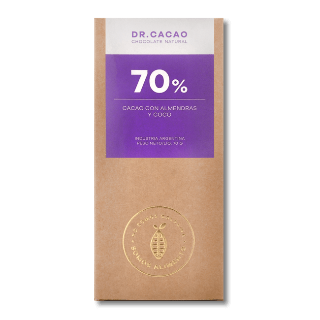 Chocolate al 70% relleno con almendras y coco 50g Dr Cacao