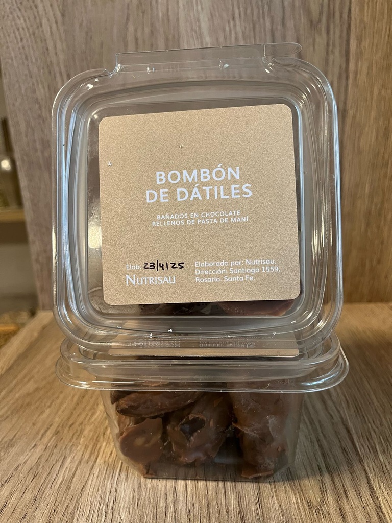 Bombon de datiles rellenos de pasta de maní bañados en chocolate 15 u NUTRISAU